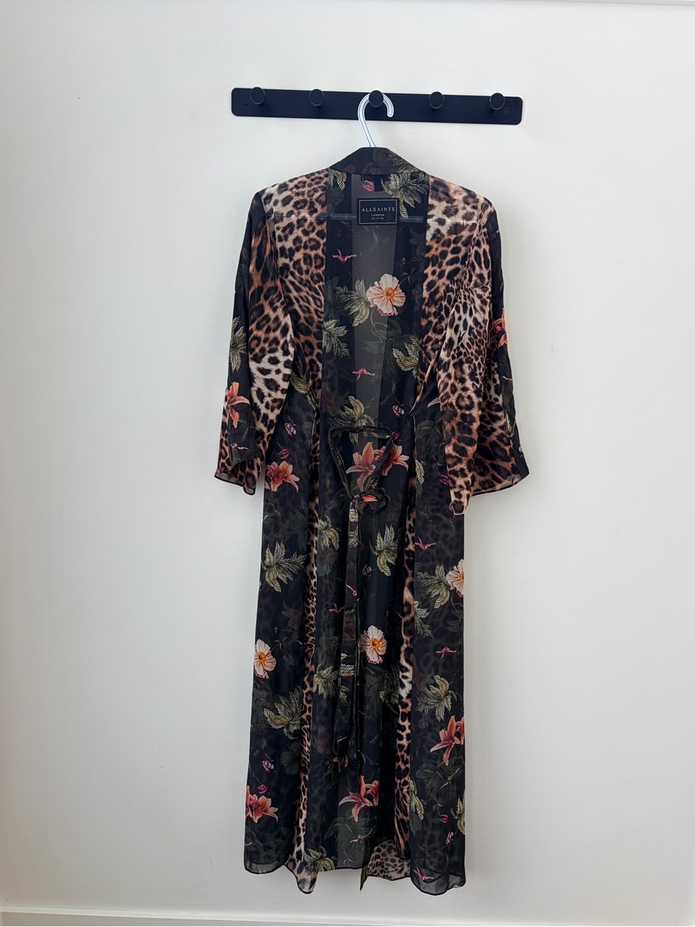 All Saints Black Floral kimono duster with Leopard Panels